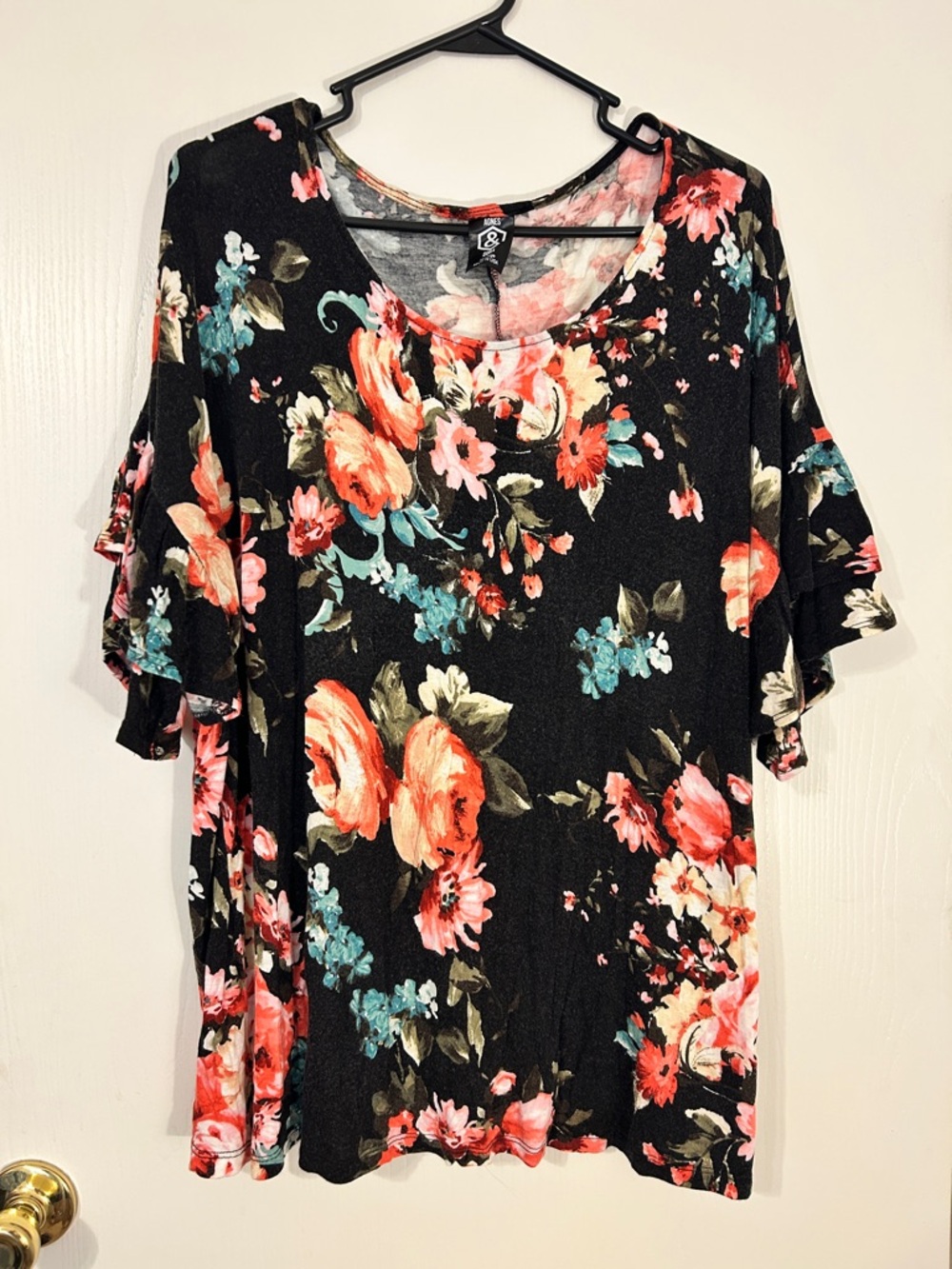 Agnes & Dora Black Floral Short Sleeve Ruffle Top with Coral & Teal Accents